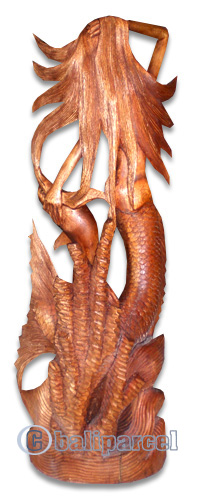 Wooden Mermaid With Dolphin, Hand Carved From Suar Wood