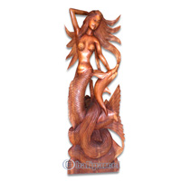 Wooden Mermaid With Dolphin, Hand Carved From Suar Wood
