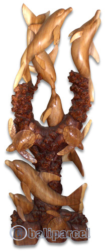 Wooden 6 Dolphins And 3 Turtles, Hand Carved From Suar Wood