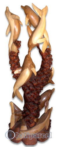 Wooden 6 Dolphins And 3 Turtles, Hand Carved From Suar Wood