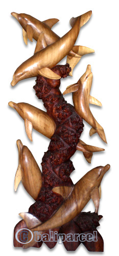 Wooden 6 Dolphins On Coral, Hand Carved From Suar Wood