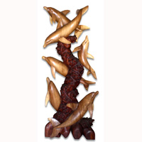 Wooden 6 Dolphins On Coral, Hand Carved From Suar Wood