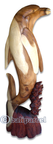 Wooden Standing Dolphin, Hand Carved From Suar Wood
