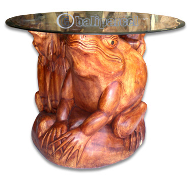 Wooden 4 Frogs Coffee Table, Hand Carved From Suar Wood (included Glass Dia: 80cm)
