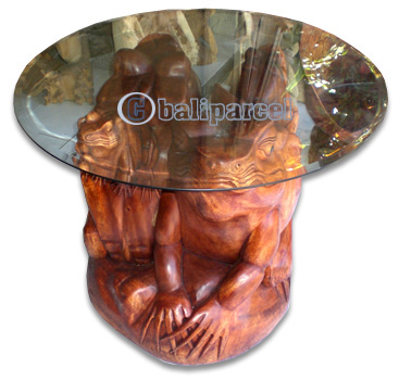 Wooden 4 Frogs Coffee Table, Hand Carved From Suar Wood (included Glass Dia: 80cm)