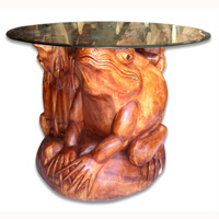 Wooden 4 Frogs Coffee Table, Hand Carved From Suar Wood (included Glass Dia: 80cm)