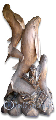 Wooden 3 Whales On Coral, Hand Carved From Suar Wood