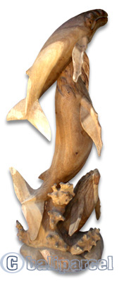Wooden 3 Whales On Coral, Hand Carved From Suar Wood