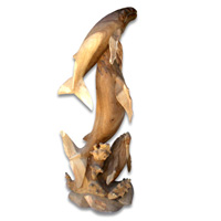 Wooden 3 Whales On Coral, Hand Carved From Suar Wood