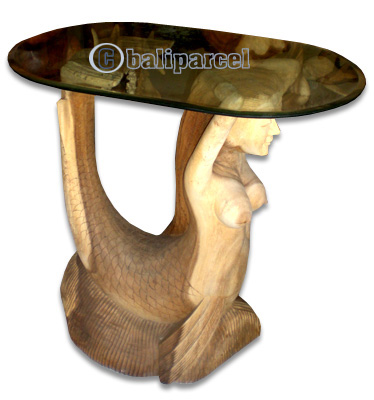 Wooden Mermaid Table, Hand Carved From Suar Wood (included Glass 80cm)