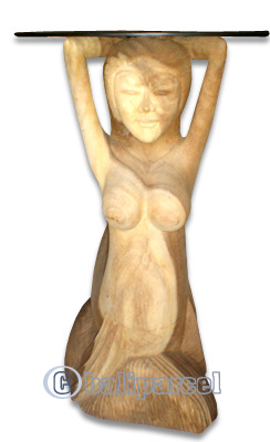 Wooden Mermaid Table, Hand Carved From Suar Wood (included Glass 80cm)