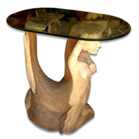 Wooden Mermaid Table, Hand Carved From Suar Wood (included Glass 80cm)