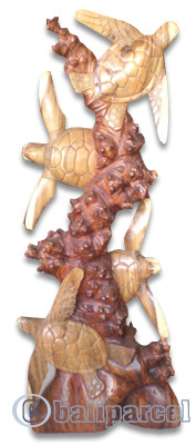 Wooden 4 Turtles On Coral, Hand Carved From Suar Wood