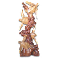 Wooden 4 Turtles On Coral, Hand Carved From Suar Wood