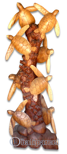 Wooden 8 Turtles On Coral, Hand Carved From Suar Wood