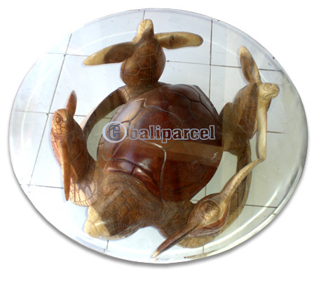 Wooden Turtle Table With 4 Babies, Hand Carved From Suar Wood (included Glass Dia: 80cm)