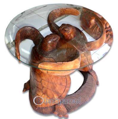 Wooden Coffee Table 2 Turtle, Hand Carved From Suar Wood (included Glass Dia: 60cm)