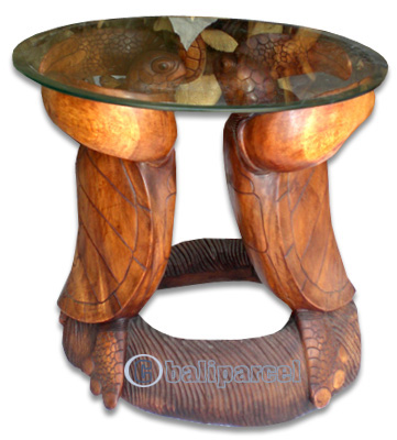 Wooden Coffee Table 2 Turtle, Hand Carved From Suar Wood (included Glass Dia: 60cm)