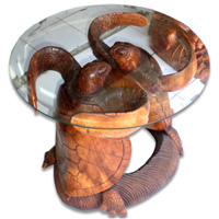 Wooden Coffee Table 2 Turtle, Hand Carved From Suar Wood (included Glass Dia: 60cm)