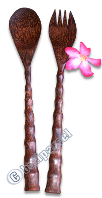Wooden Service Set Fork And Spoon, Hand Carved From Coconut Wood