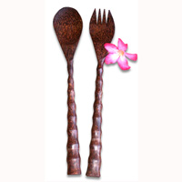 Wooden Service Set Fork And Spoon, Hand Carved From Coconut Wood
