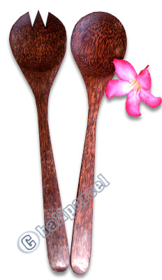 Wooden Service Set Fork And Spoon, Hand Carved From Coconut Wood