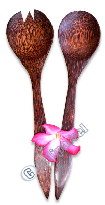 Wooden Service Set Fork And Spoon, Hand Carved From Coconut Wood