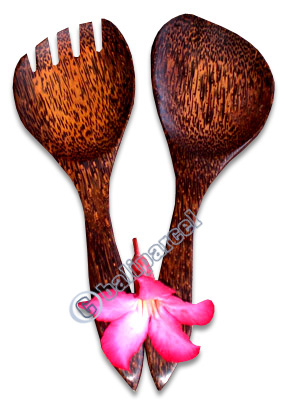 Wooden Service Set Fork And Spoon, Hand Carved From Coconut Wood