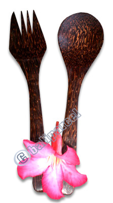 Wooden Service Set Fork And Spoon, Hand Carved From Coconut Wood