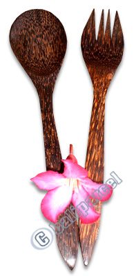 Wooden Service Set Fork And Spoon, Hand Carved From Coconut Wood