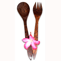 Wooden Service Set Fork And Spoon, Hand Carved From Coconut Wood