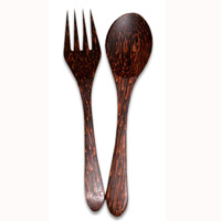 Wooden Service Set Fork And Spoon, Hand Carved From Coconut Wood