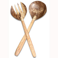 Wooden Service Set Fork And Spoon, Hand Carved From Coconut Wood