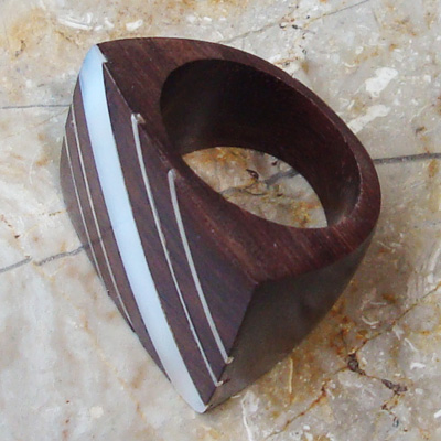 Wooden Ring From Sono Wood Inlaid With Stainless And Shell