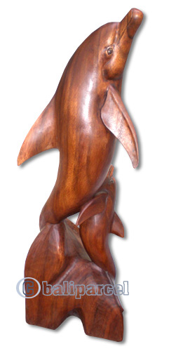 Wooden Standing Dolphin, Hand Carved From Suar Wood With Brown Polish
