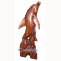 Wooden Standing Dolphin, Hand Carved From Suar Wood With Brown Polish