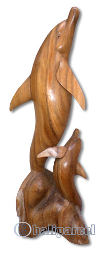 Wooden Standing Dolphin, Hand Carved From Suar Wood With Natural Polish