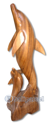 Wooden Standing Dolphin, Hand Carved From Suar Wood With Natural Polish