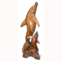 Wooden Standing Dolphin, Hand Carved From Suar Wood With Natural Polish