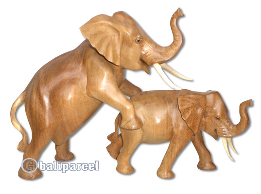 Wooden Walking 2 Elephants, Hand Carved From Suar Wood, Natural Polish
