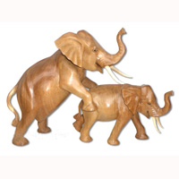 Wooden Walking 2 Elephants, Hand Carved From Suar Wood, Natural Polish