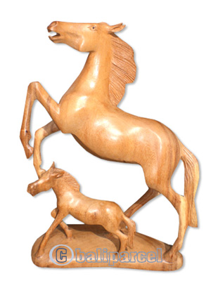 Wooden Horse With Baby, Hand Carved From Suar Wood Natural Polish
