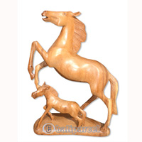Wooden Horse With Baby, Hand Carved From Suar Wood Natural Polish