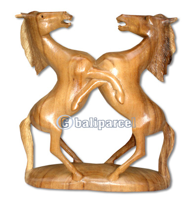 Wooden Two Horses, Hand Carved From Suar Wood Natural Polish