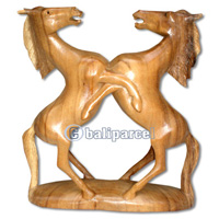 Wooden Two Horses, Hand Carved From Suar Wood Natural Polish