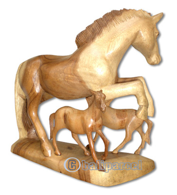Wooden Horse With 2 Babeis, Hand Carved From Suar Wood, Natural Polish