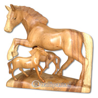 Wooden Horse With 2 Babeis, Hand Carved From Suar Wood, Natural Polish