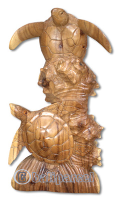 Wooden 2 Turtles Carving On Coral, Hand Carved From Suar Wood With Natural Polish