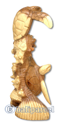 Wooden 2 Turtles Carving On Coral, Hand Carved From Suar Wood With Natural Polish