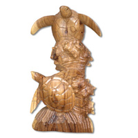 Wooden 2 Turtles Carving On Coral, Hand Carved From Suar Wood With Natural Polish